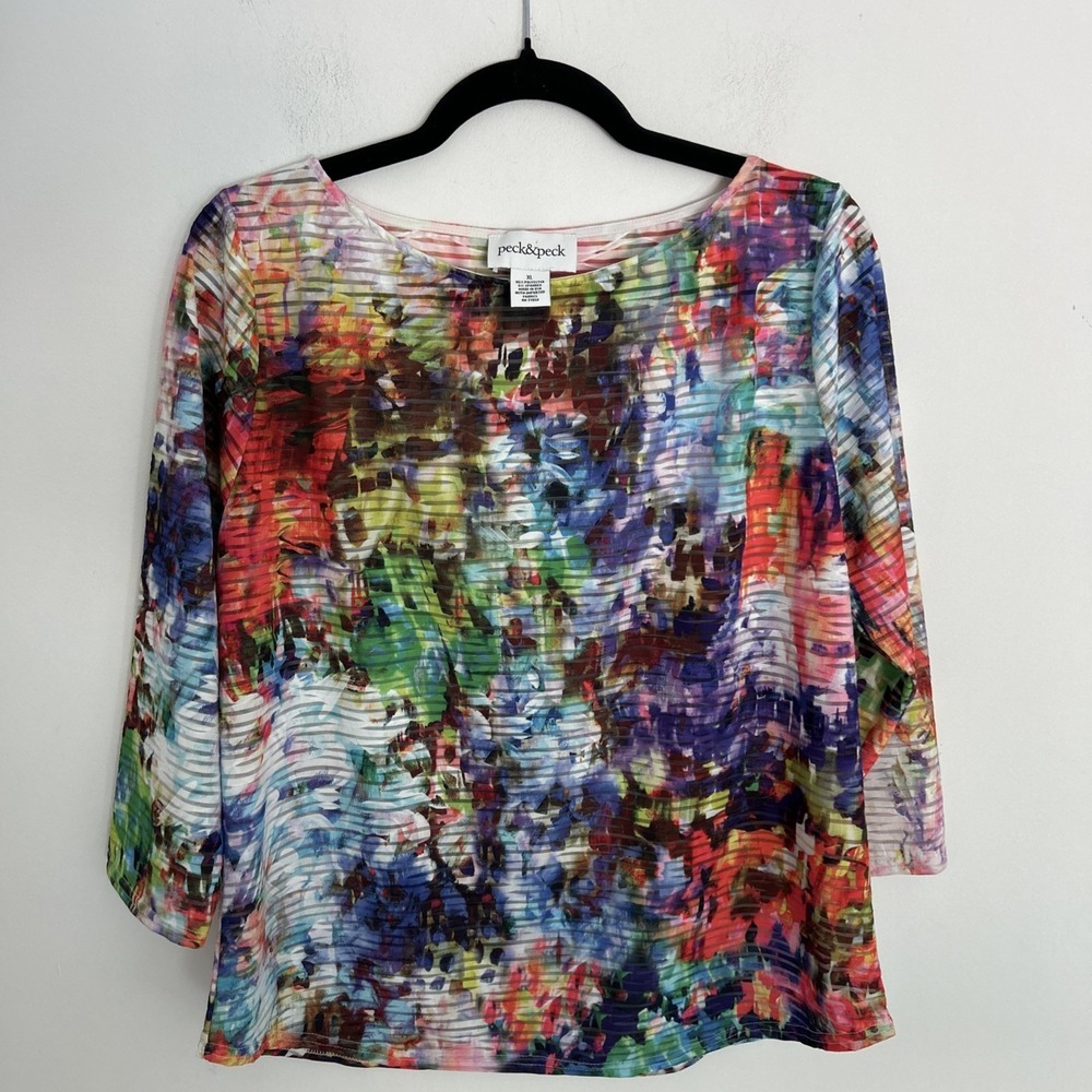 Peck & Peck Sz XL Multicolor 3/4 Sleeves Lightweight Textured/semi Sheer Blouse